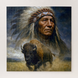 Native American Chief with Charging Buffalo Jigsaw Puzzle
