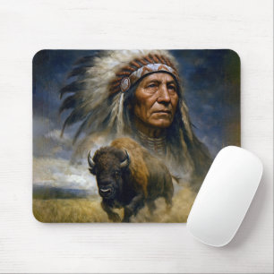 Native American Chief with Charging Buffalo Mouse Mat