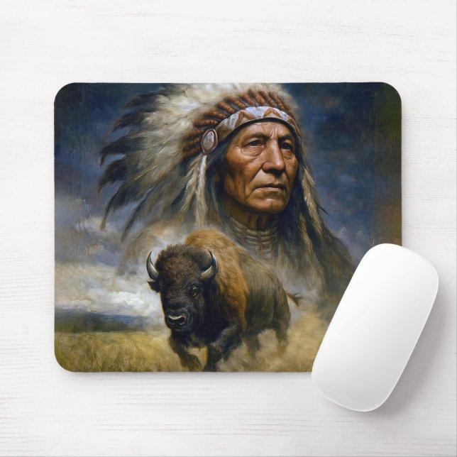 Native American Chief with Charging Buffalo Mouse Mat (With Mouse)