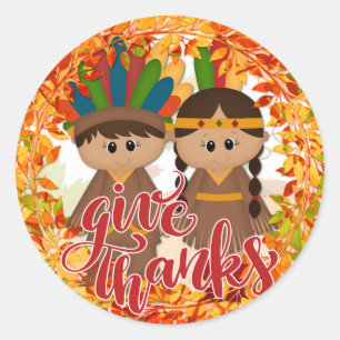 Native American Couple - Give Thanks Classic Round Sticker