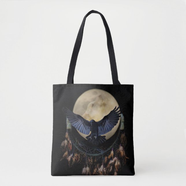 Native American Dream Catcher, Raven and Wolf Tote (Front)