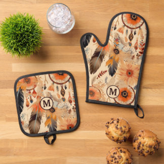 Native American Dreamcatcher Pattern Monogram Oven Mitt & Pot Holder Set