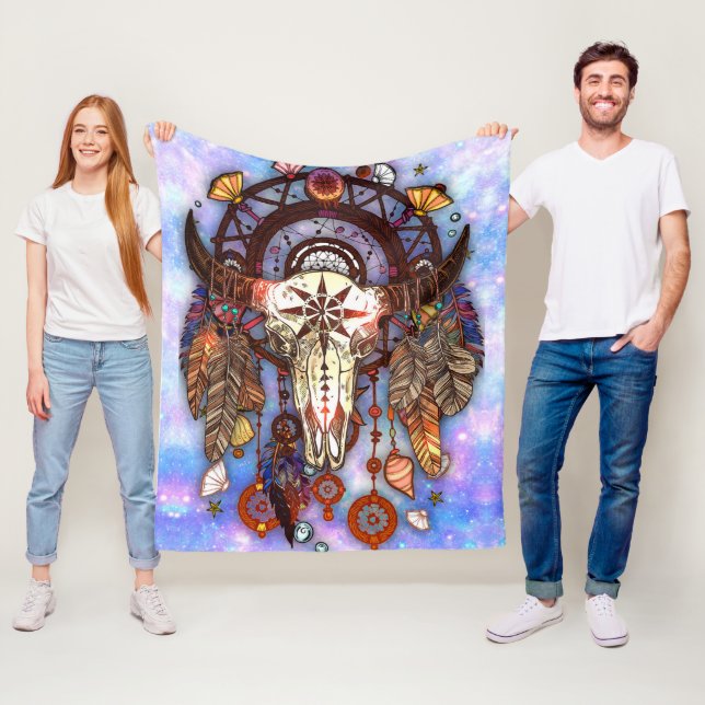 Native American Dreamcatcher Tribal Buffalo Skull Fleece Blanket (In Situ)