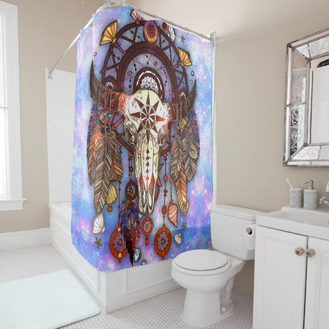 Native American Dreamcatcher Tribal Buffalo Skull Shower Curtain (In Situ)