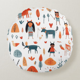 Native American Ethnic Art Tribe children boho Round Cushion
