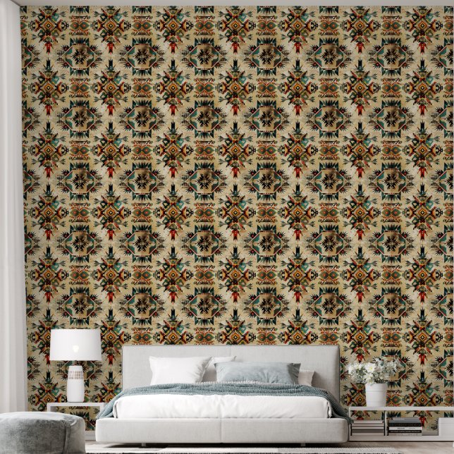 Native American Ethnic Art Tribe Pattern Vintage Wallpaper (Bedroom)