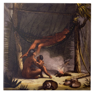 Native American Family under a Leaf Shelter (colou Tile