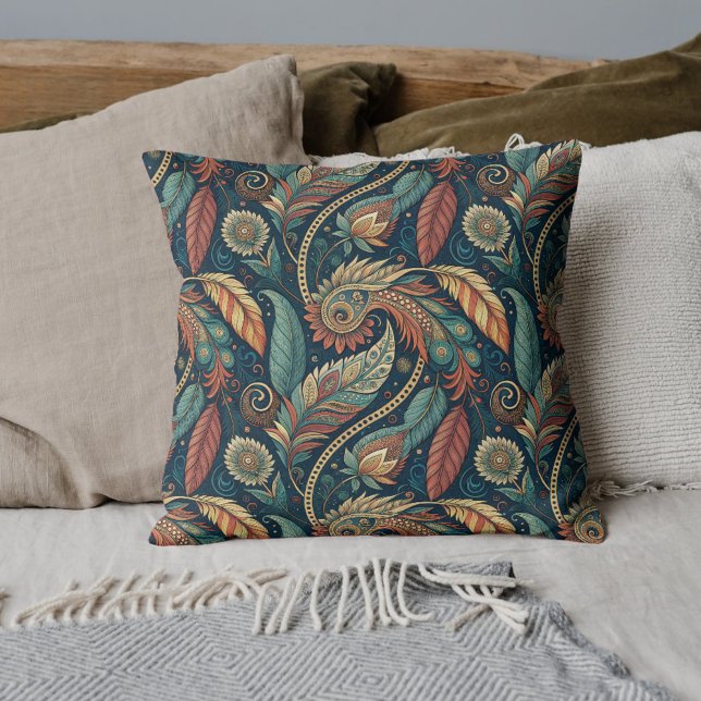 Native American Feather Swirl Terra Cotta Teal Cushion (Creator Uploaded)