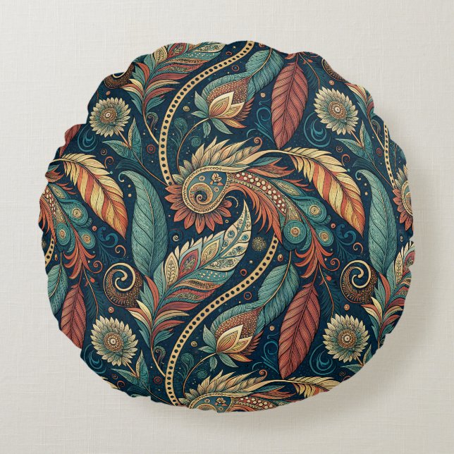 Native American Feather Swirl Terra Cotta Teal Round Cushion (Front)