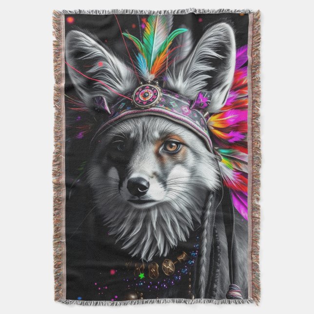 Native American Fox art Throw Blanket (Front Vertical)