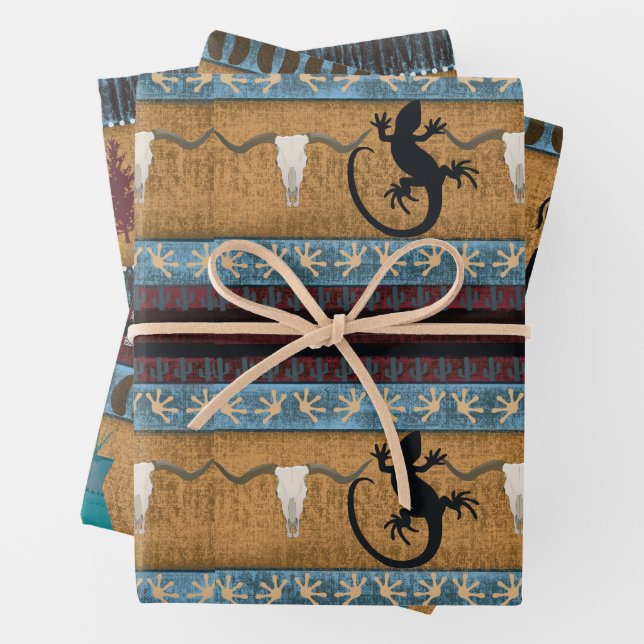 Native American Gecko, Buffalo & Owl Wrapping Paper Sheet (In situ)