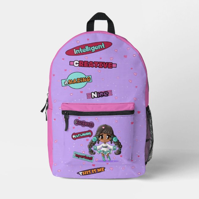 Native American Girl Happy Sweet Fun Hearts Purple Printed Backpack (Front)