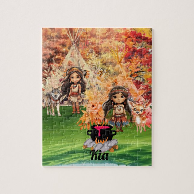 Native American girl with woodland animals Jigsaw Puzzle (Vertical)