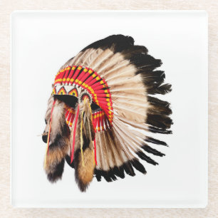 Native American headdress, chief illustration. Glass Coaster