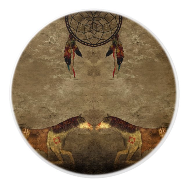 Native American Horses & Dream Catcher Ceramic Knob (Front)