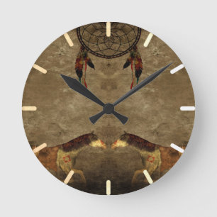 Native American Horses & Dream Catcher Round Clock