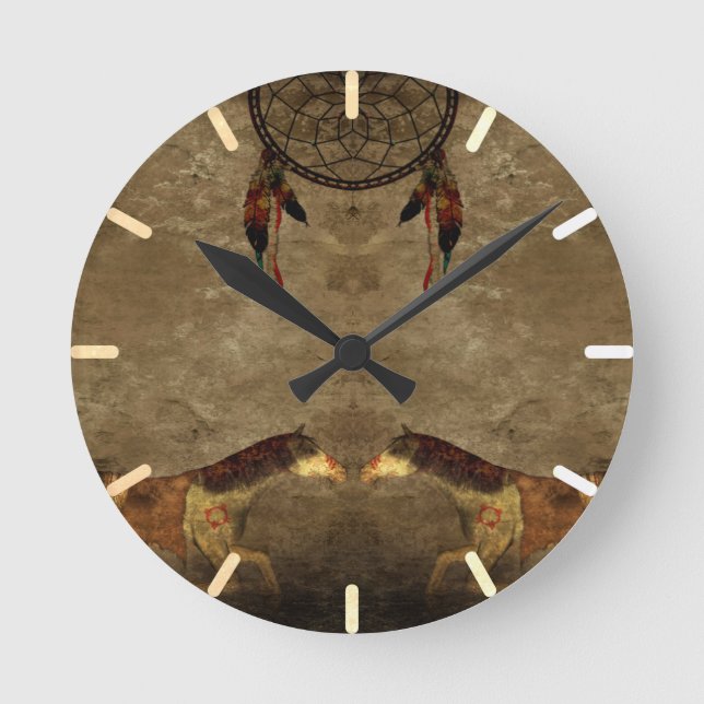 Native American Horses & Dream Catcher Round Clock (Front)