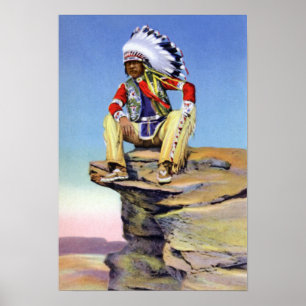 Native American in Costume Poised on Rock Poster