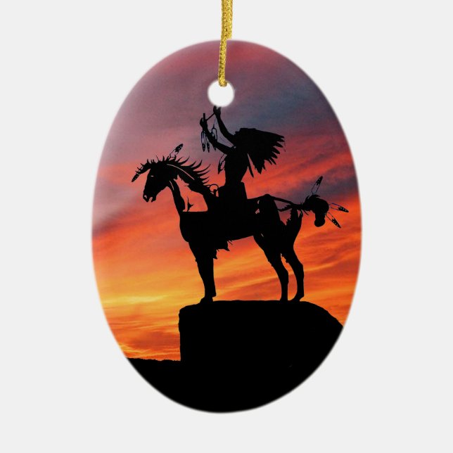 Native American Indian and horse Ceramic Tree Decoration (Front)
