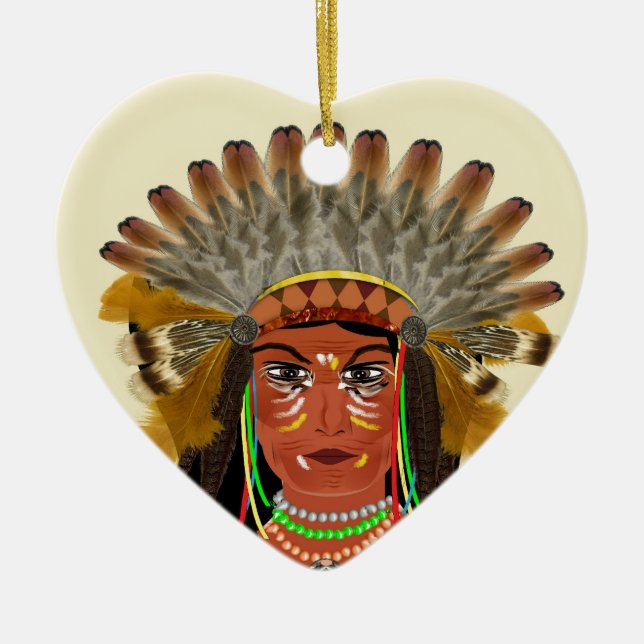 Native American Indian Chief Feather Headdress Ceramic Tree Decoration (Front)