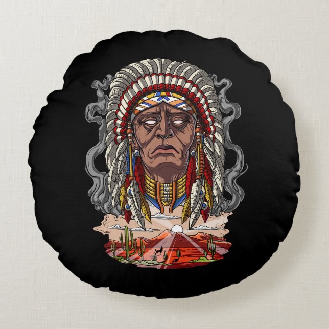 Native American Indian Chief Headdress Round Cushion (Front)