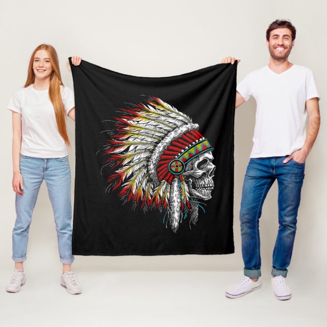 Native American Indian Chief Skull Motorcycle Fleece Blanket (In Situ)