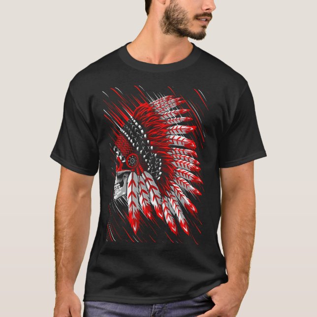 Native American Indian Chief Skull Motorcycle Head T-Shirt (Front)