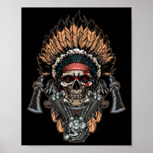 Native American Indian Chief Skull Motorcycle Poster