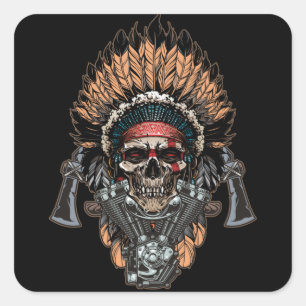 Native American Indian Chief Skull Motorcycle Square Sticker