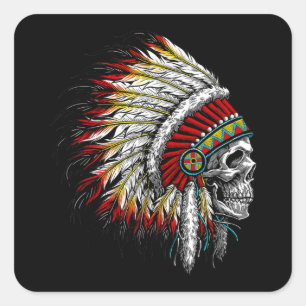 Native American Indian Chief Skull Motorcycle Square Sticker
