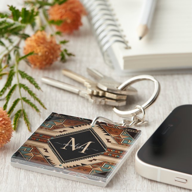 Native American Indian Culture Boho Style Monogram Key Ring (Front Right)