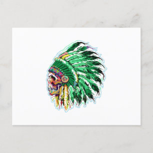 Native american indian green featehrs silhoutte postcard
