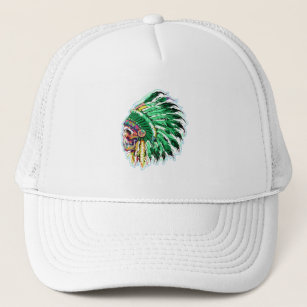 Native american indian green featehrs silhoutte trucker hat