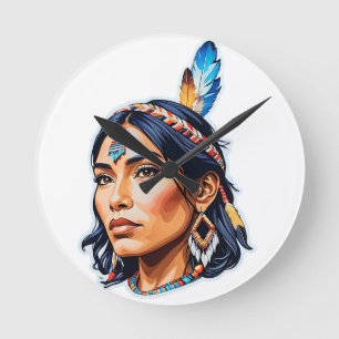 Native American Indian Lady Round Clock