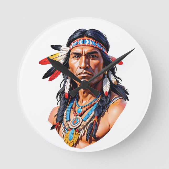 Native American Indian Man Round Clock (Front)