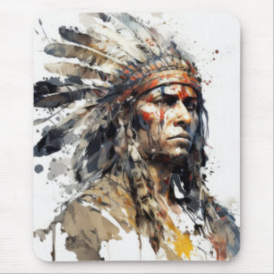 Native American Indian Portrait Warrior Painting Mouse Mat