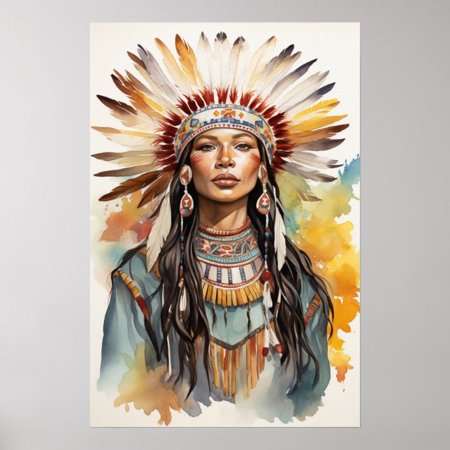 Native American Indian Princess Watercolor Art Poster (Front)