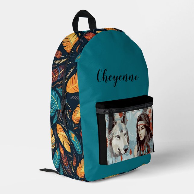 Native American - Indian Princess, Wolf, Feathers Printed Backpack (Back Corner Left)