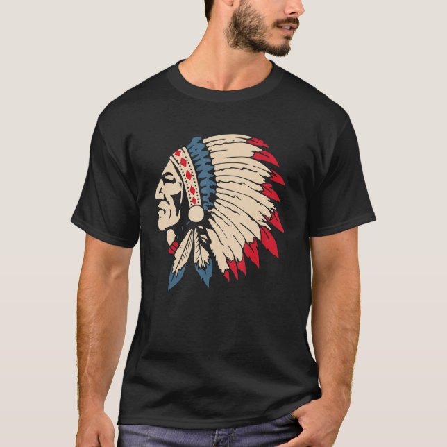 Native American Indian Skull Eagle Feather Headdre T-Shirt (Front)