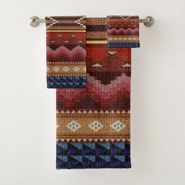 Native American Indian Southwest Red Decorative Bath Towel Set (Insitu)