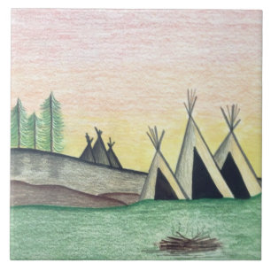 Native American Indian Teepee Folk Art Tile