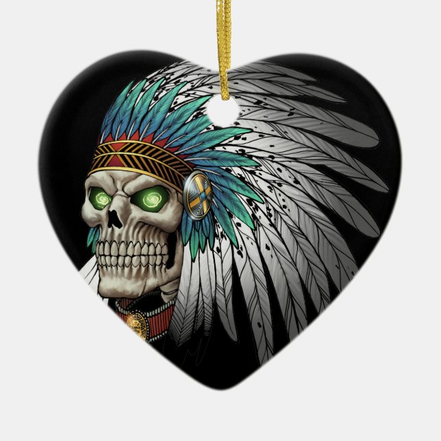 Native American Indian Tribal Gothic Skull Ceramic Tree Decoration (Front)