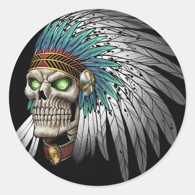 Native American Indian Tribal Gothic Skull Classic Round Sticker (Front)