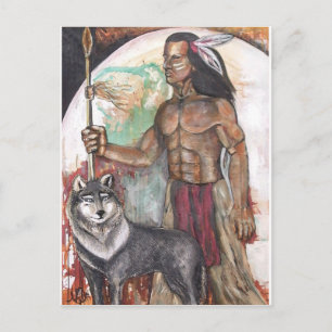 Native American Indian & Wolf Postcard