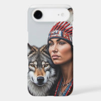 Native American Indian woman with wolf