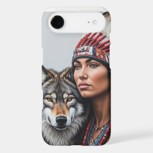 Native American Indian woman with wolf