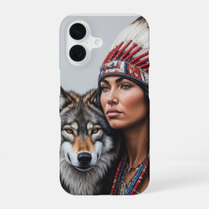 Native American Indian woman with wolf iPhone 16 Case