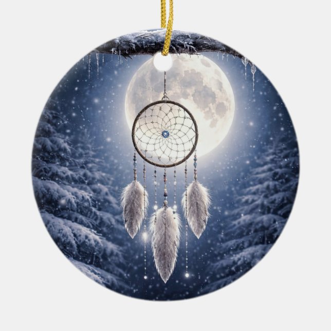 Native American Inspired Dreamcatcher Moon Winter Ceramic Tree Decoration (Front)