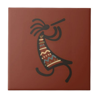 Native American Kokepelli Dancer Dark Red Tile