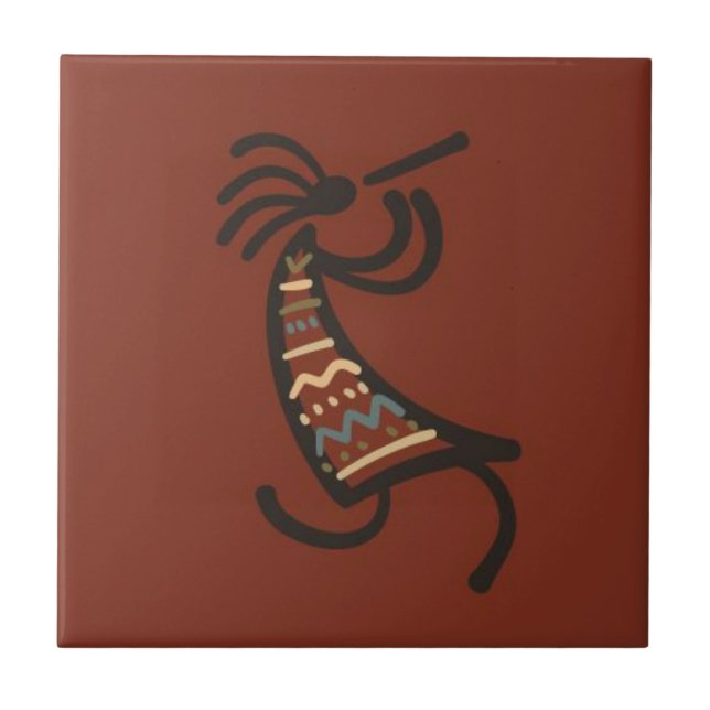 Native American Kokepelli Dancer Dark Red Tile (Front)